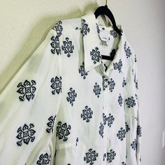 CJ BANKS Blouse Top Button Down‎ Novelty Embroidered Boho Artsy Workwear Preppy - Picture 6 of 12